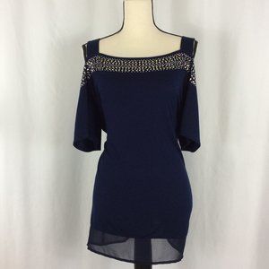 Belldini Navy cold Shoulder Sequence Blouse 210A